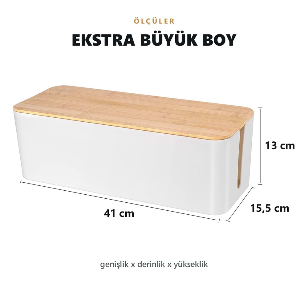 Greentech Bambu Kapaklı Kablo Düzenleyici ve Priz Saklama Kutusu, Beyaz, Ekstra Büyük Boy / GT-PK07