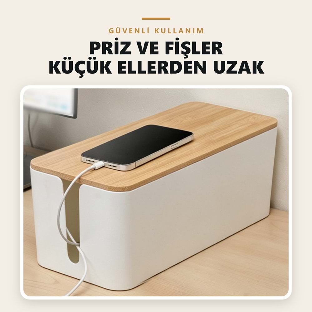 Greentech Bambu Kapaklı Kablo Düzenleyici ve Priz Saklama Kutusu, Beyaz, Ekstra Büyük Boy / GT-PK07