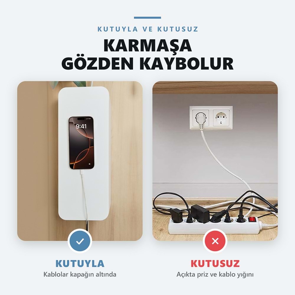 Greentech Kapaklı Kablo Düzenleyici ve Priz Saklama Kutusu, Beyaz, Ekstra Büyük Boy / GT-PK08