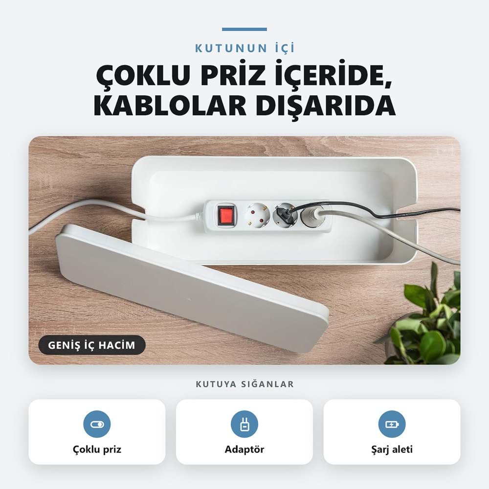 Greentech Kapaklı Kablo Düzenleyici ve Priz Saklama Kutusu, Beyaz, Ekstra Büyük Boy / GT-PK08