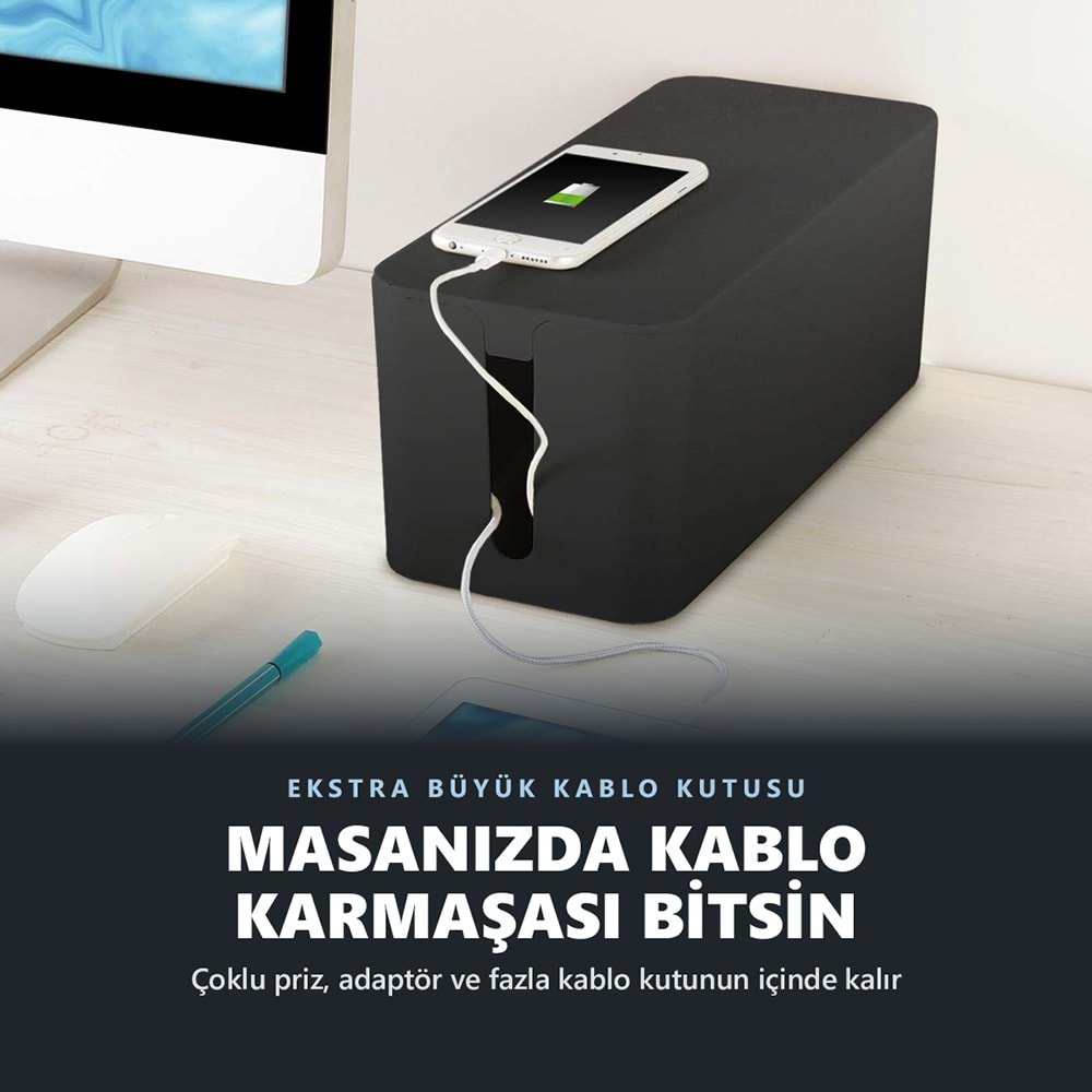 Greentech Kapaklı Kablo Düzenleyici ve Priz Saklama Kutusu, Siyah, Ekstra Büyük Boy / GT-PK09