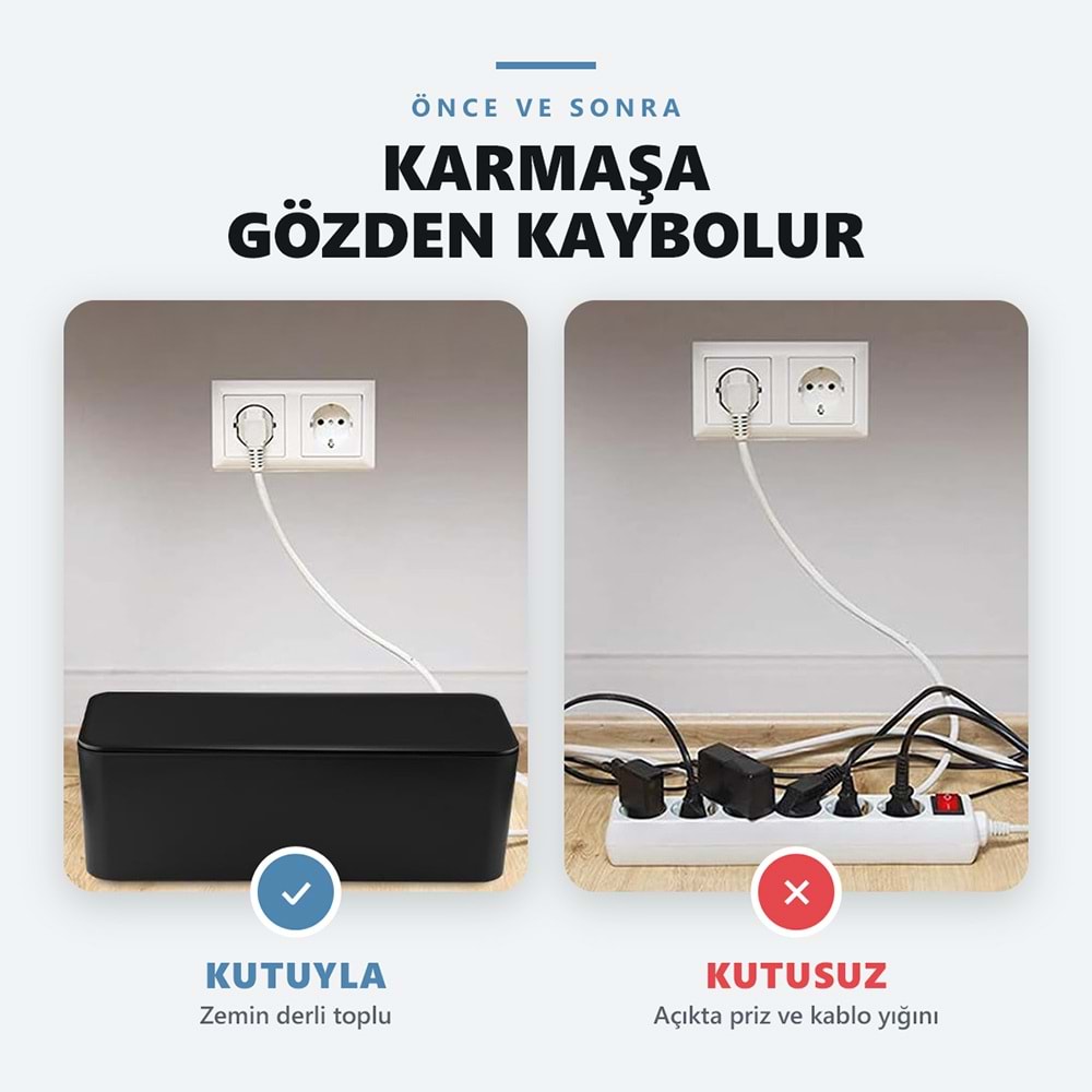 Greentech Kapaklı Kablo Düzenleyici ve Priz Saklama Kutusu, Siyah, Ekstra Büyük Boy / GT-PK09