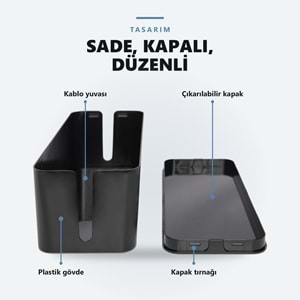 Greentech Kapaklı Kablo Düzenleyici ve Priz Saklama Kutusu, Siyah, Ekstra Büyük Boy / GT-PK09