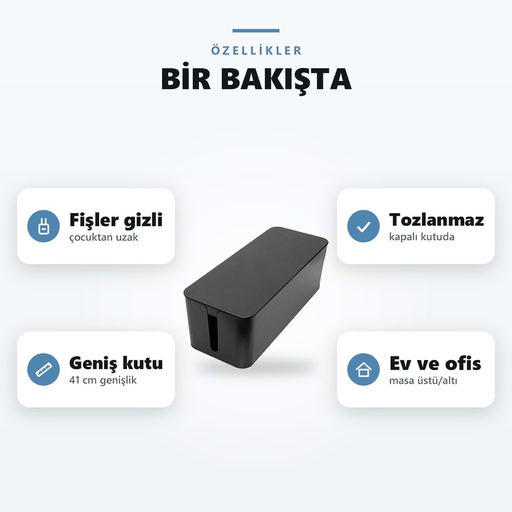 Greentech Kapaklı Kablo Düzenleyici ve Priz Saklama Kutusu, Siyah, Ekstra Büyük Boy / GT-PK09