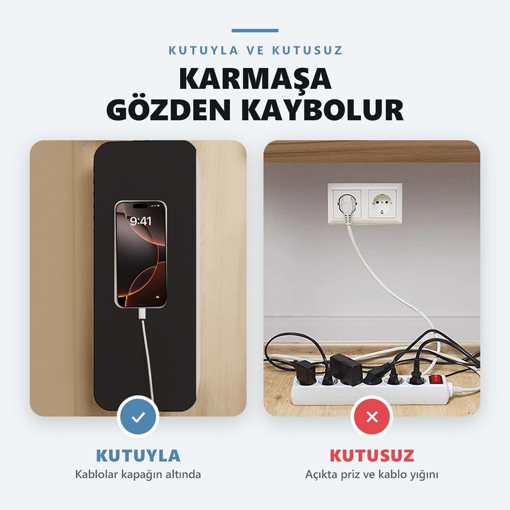 Greentech Kapaklı Kablo Düzenleyici ve Priz Saklama Kutusu, Siyah - Beyaz, Büyük Boy / GT-PK17