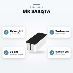 Greentech Kapaklı Kablo Düzenleyici ve Priz Saklama Kutusu, Siyah - Beyaz, Büyük Boy / GT-PK17
