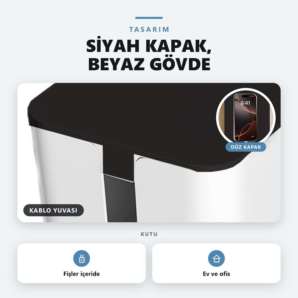 Greentech Kapaklı Kablo Düzenleyici ve Priz Saklama Kutusu, Siyah - Beyaz, Büyük Boy / GT-PK17