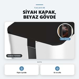 Greentech Kapaklı Kablo Düzenleyici ve Priz Saklama Kutusu, Siyah - Beyaz, Büyük Boy / GT-PK17