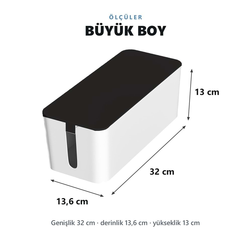 Greentech Kapaklı Kablo Düzenleyici ve Priz Saklama Kutusu, Siyah - Beyaz, Büyük Boy / GT-PK17