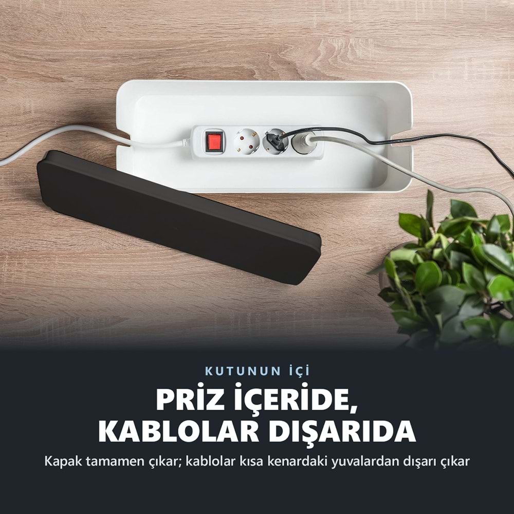 Greentech Kapaklı Kablo Düzenleyici ve Priz Saklama Kutusu, Siyah - Beyaz, Ekstra Büyük Boy / GT-PK18