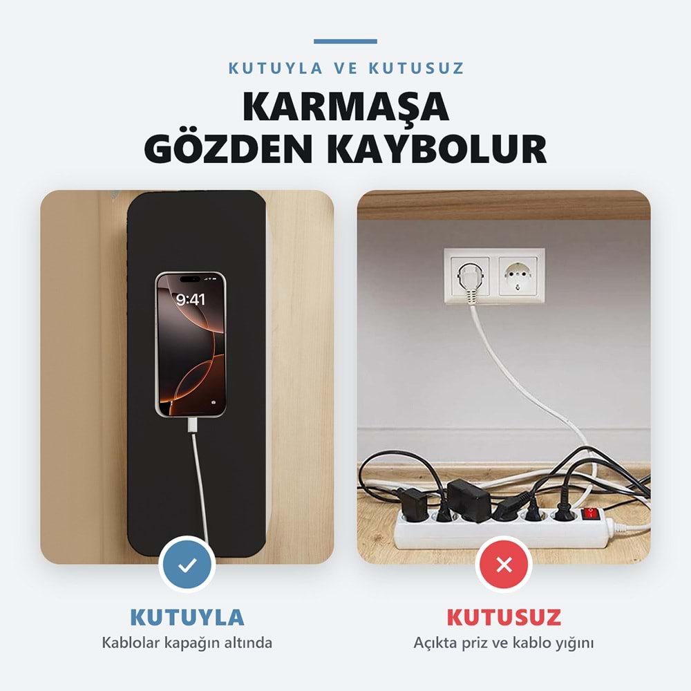 Greentech Kapaklı Kablo Düzenleyici ve Priz Saklama Kutusu, Siyah - Beyaz, Ekstra Büyük Boy / GT-PK18