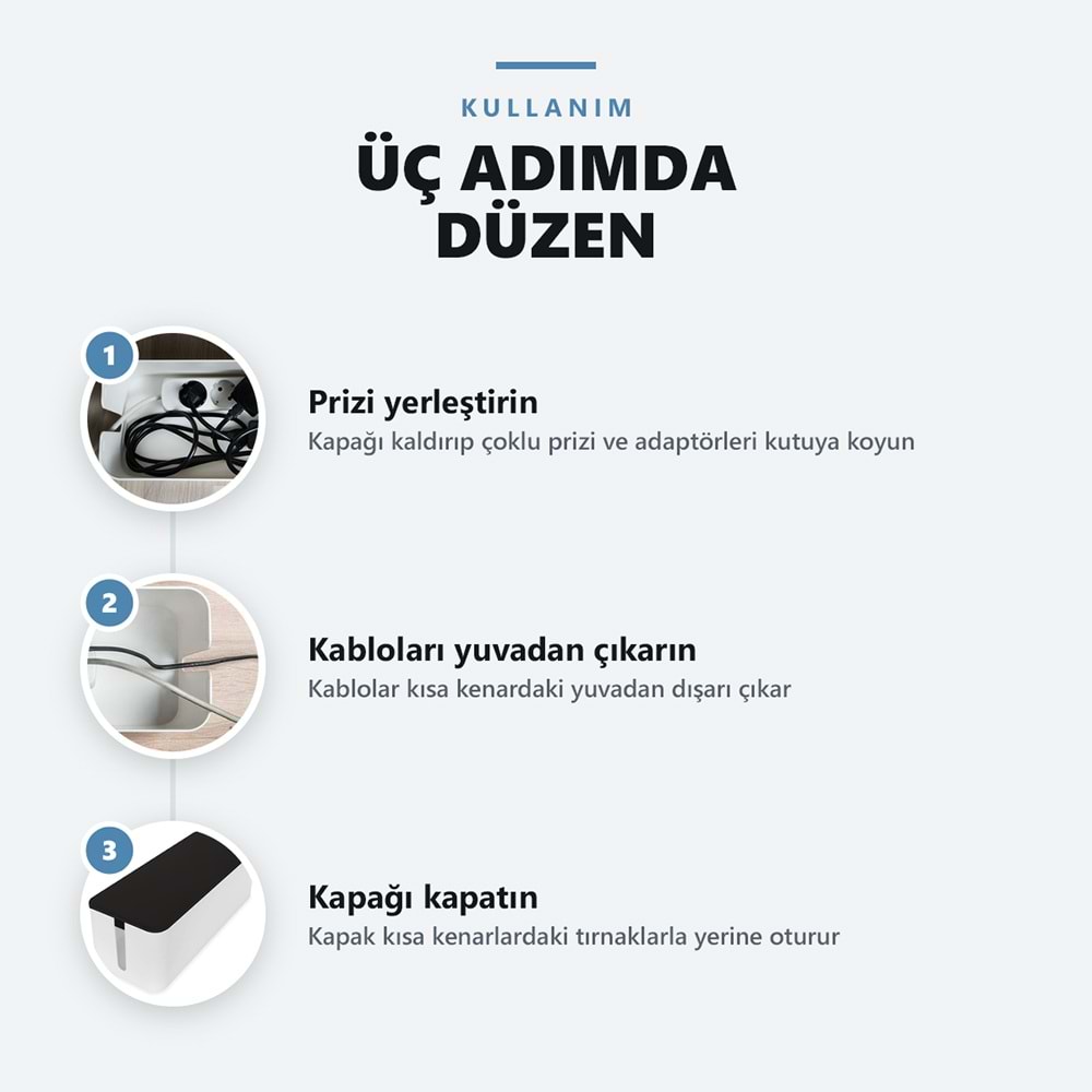 Greentech Kapaklı Kablo Düzenleyici ve Priz Saklama Kutusu, Siyah - Beyaz, Ekstra Büyük Boy / GT-PK18