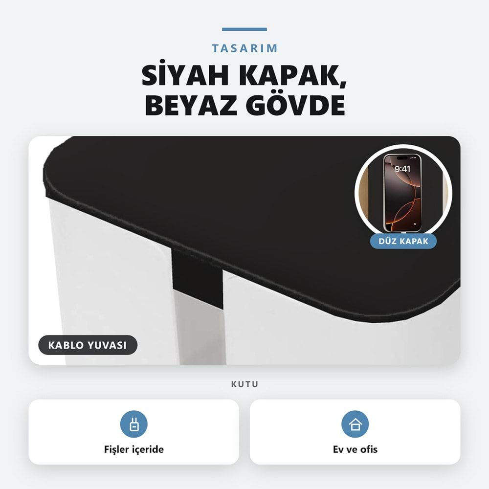 Greentech Kapaklı Kablo Düzenleyici ve Priz Saklama Kutusu, Siyah - Beyaz, Ekstra Büyük Boy / GT-PK18