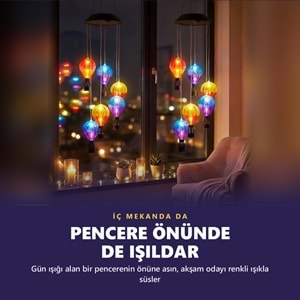 Greentech Güneş Enerjili Sıcak Hava Balonu Rüzgar Çanı, 6 Balonlu, LED Işıklı Asma Bahçe Süsü / GT-SL42