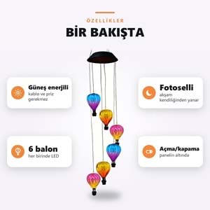Greentech Güneş Enerjili Sıcak Hava Balonu Rüzgar Çanı, 6 Balonlu, LED Işıklı Asma Bahçe Süsü / GT-SL42