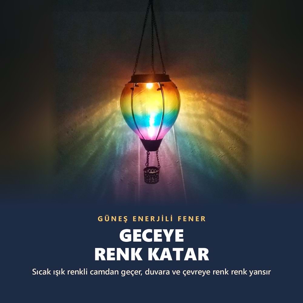 Greentech Güneş Enerjili Askılı Sıcak Hava Balonu Bahçe Feneri, Renkli Cam, Alev Efektli LED Işık / GT-SL43