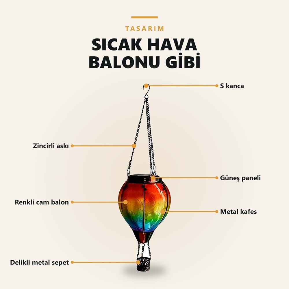 Greentech Güneş Enerjili Askılı Sıcak Hava Balonu Bahçe Feneri, Renkli Cam, Alev Efektli LED Işık / GT-SL43