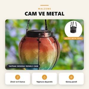 Greentech Güneş Enerjili Askılı Sıcak Hava Balonu Bahçe Feneri, Renkli Cam, Alev Efektli LED Işık / GT-SL43