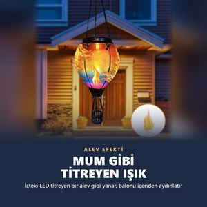 Greentech Güneş Enerjili Askılı Sıcak Hava Balonu Bahçe Feneri, Renkli Cam, Alev Efektli LED Işık / GT-SL43