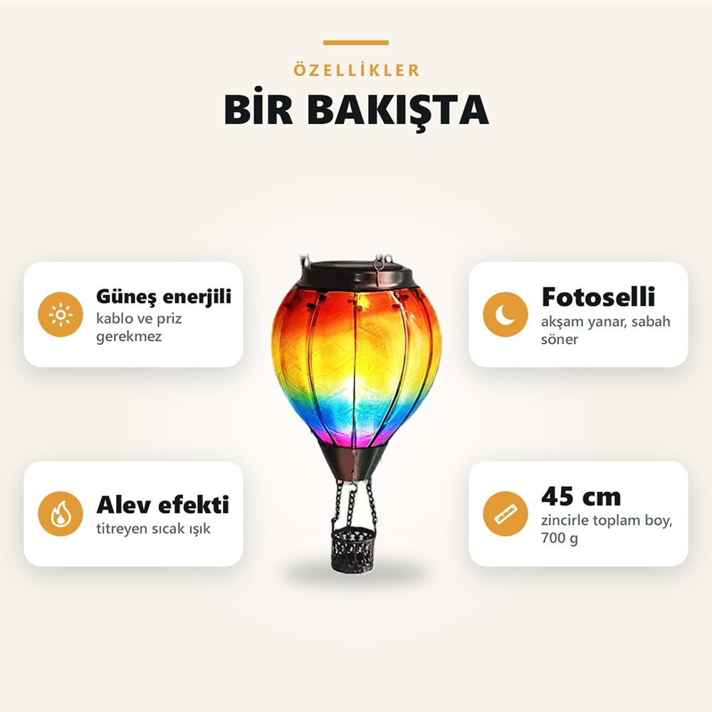 Greentech Güneş Enerjili Askılı Sıcak Hava Balonu Bahçe Feneri, Renkli Cam, Alev Efektli LED Işık / GT-SL43