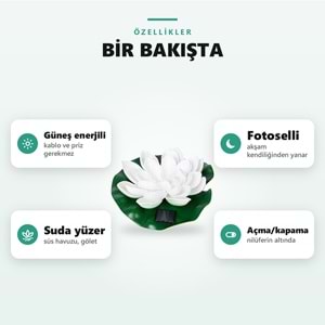 Greentech Güneş Enerjili Yüzen Nilüfer Havuz Lambası, Sıcak Beyaz LED, Süs Havuzu ve Gölet, Beyaz / GT-SL45B
