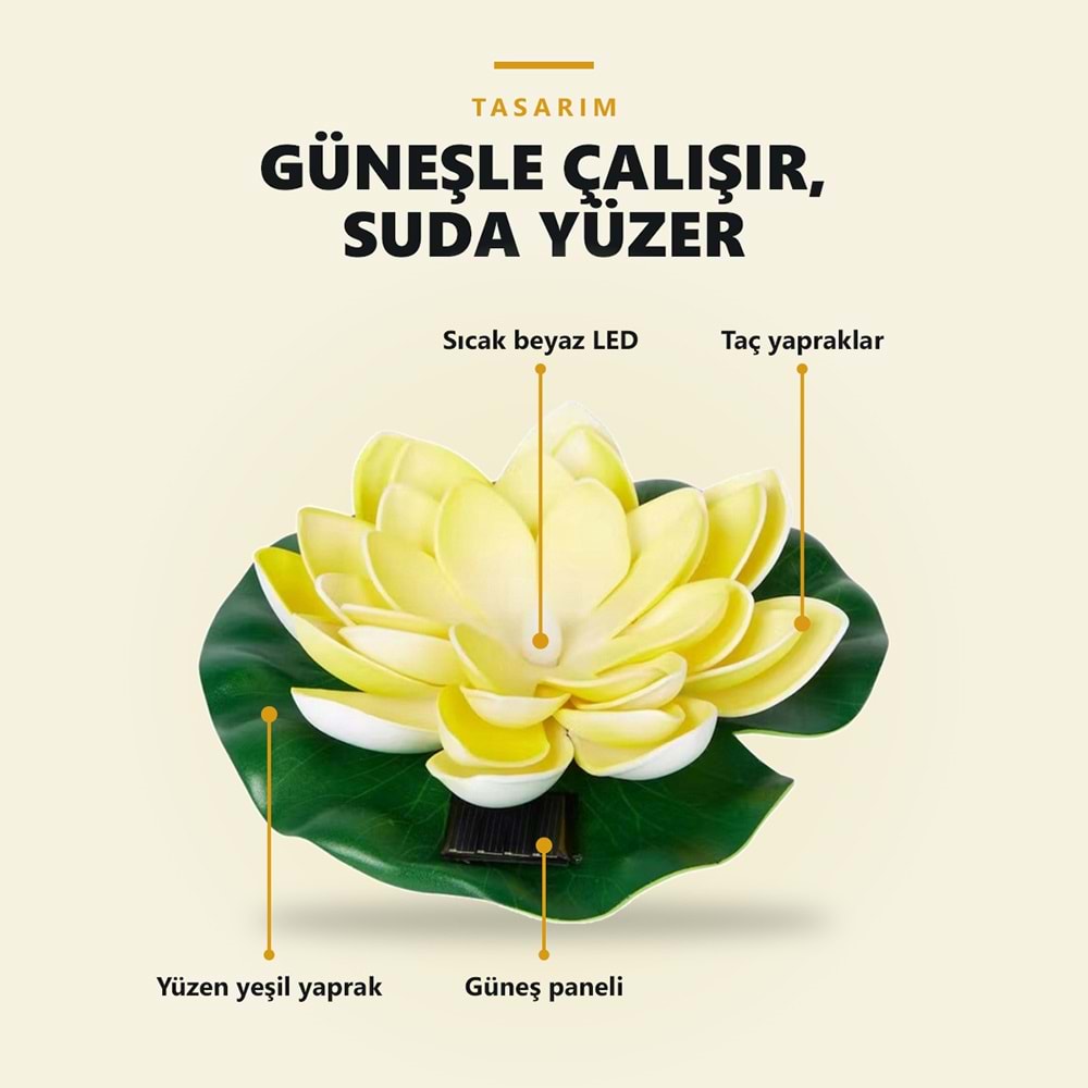 Greentech Güneş Enerjili Yüzen Nilüfer Havuz Lambası, Sıcak Beyaz LED, Süs Havuzu ve Gölet, Sarı / GT-SL45S