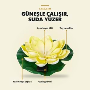 Greentech Güneş Enerjili Yüzen Nilüfer Havuz Lambası, Sıcak Beyaz LED, Süs Havuzu ve Gölet, Sarı / GT-SL45S