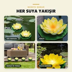 Greentech Güneş Enerjili Yüzen Nilüfer Havuz Lambası, Sıcak Beyaz LED, Süs Havuzu ve Gölet, Sarı / GT-SL45S