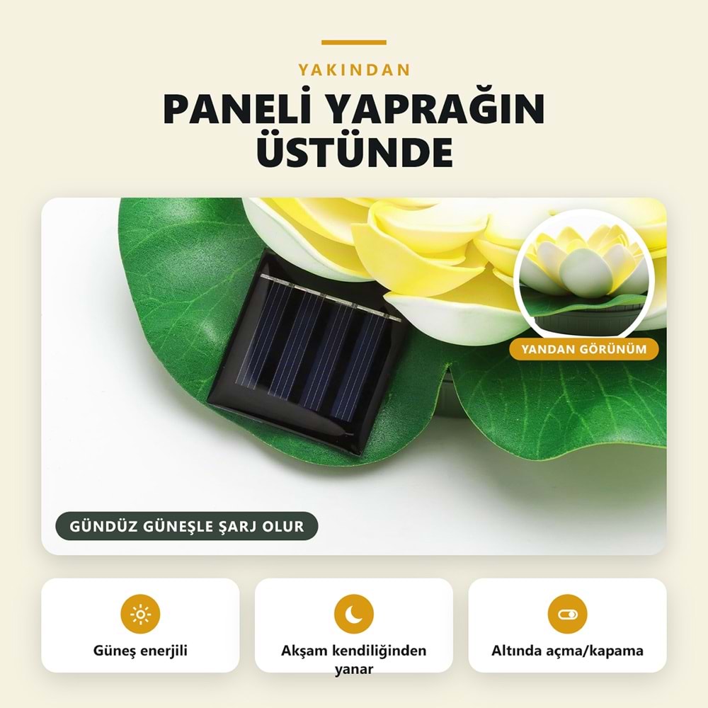 Greentech Güneş Enerjili Yüzen Nilüfer Havuz Lambası, Sıcak Beyaz LED, Süs Havuzu ve Gölet, Sarı / GT-SL45S