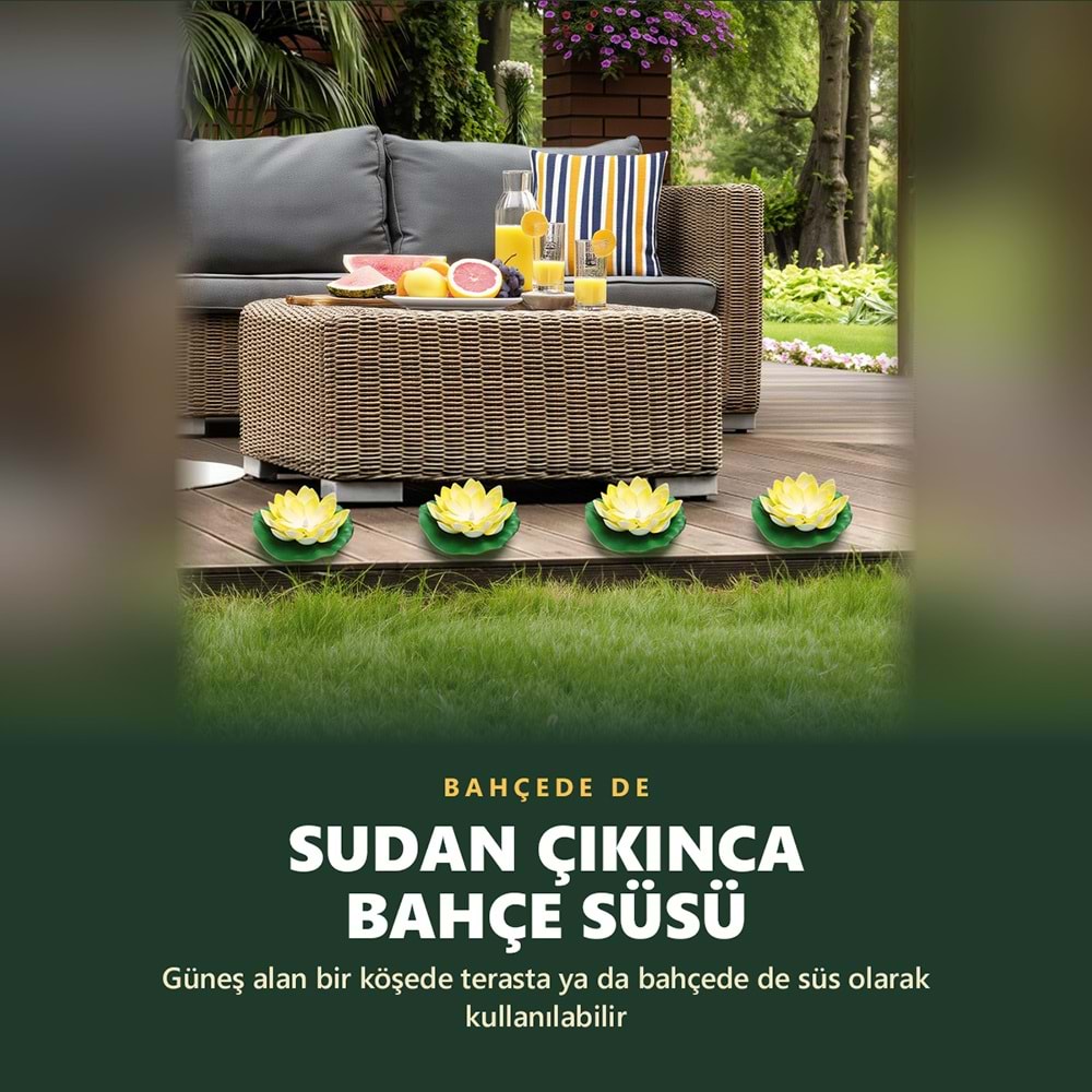 Greentech Güneş Enerjili Yüzen Nilüfer Havuz Lambası, Sıcak Beyaz LED, Süs Havuzu ve Gölet, Sarı / GT-SL45S