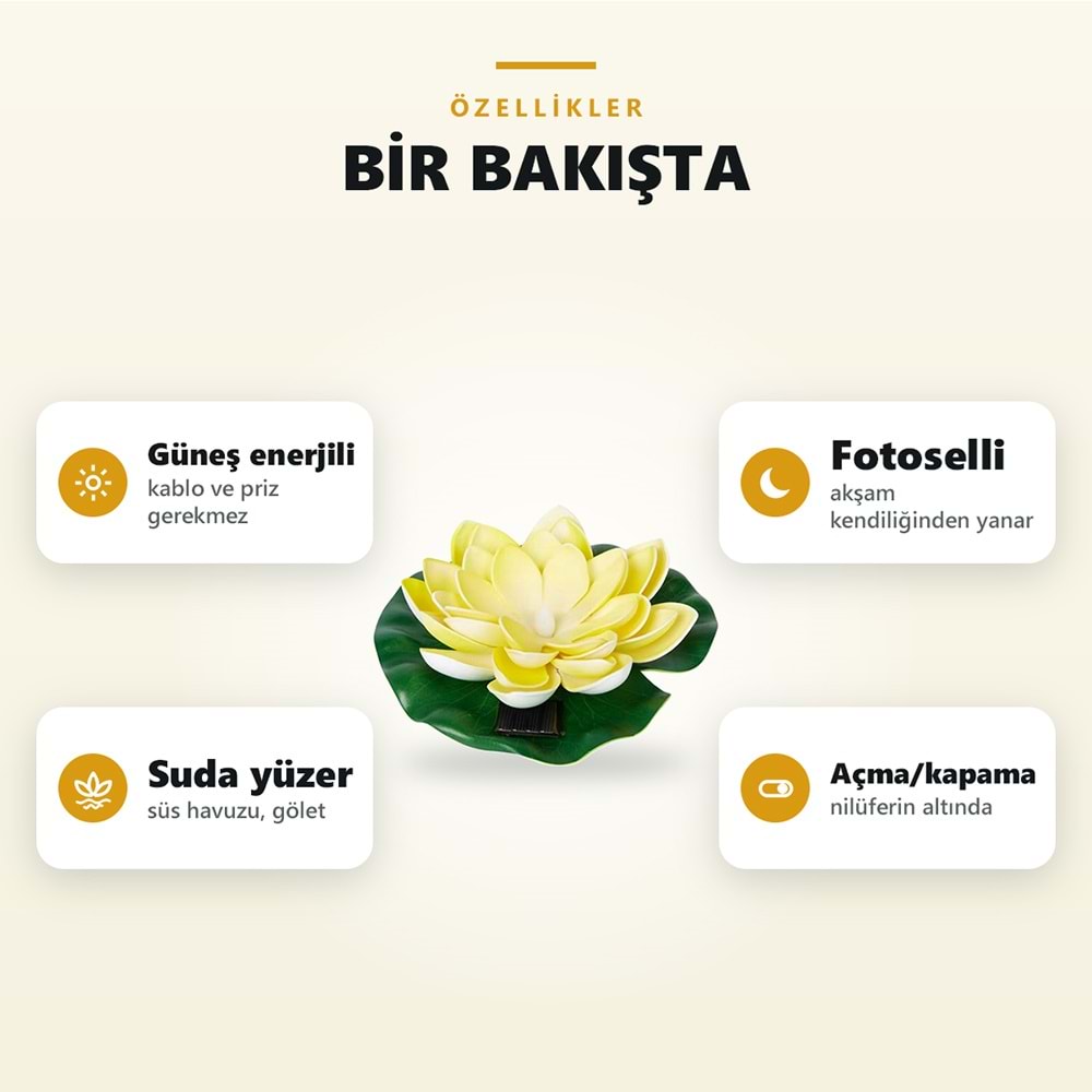 Greentech Güneş Enerjili Yüzen Nilüfer Havuz Lambası, Sıcak Beyaz LED, Süs Havuzu ve Gölet, Sarı / GT-SL45S
