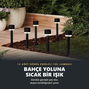 Greentech Güneş Enerjili Kazıklı Bahçe Yolu Lambası, 12 Adet, Sıcak Beyaz LED, Siyah / GT-SL47