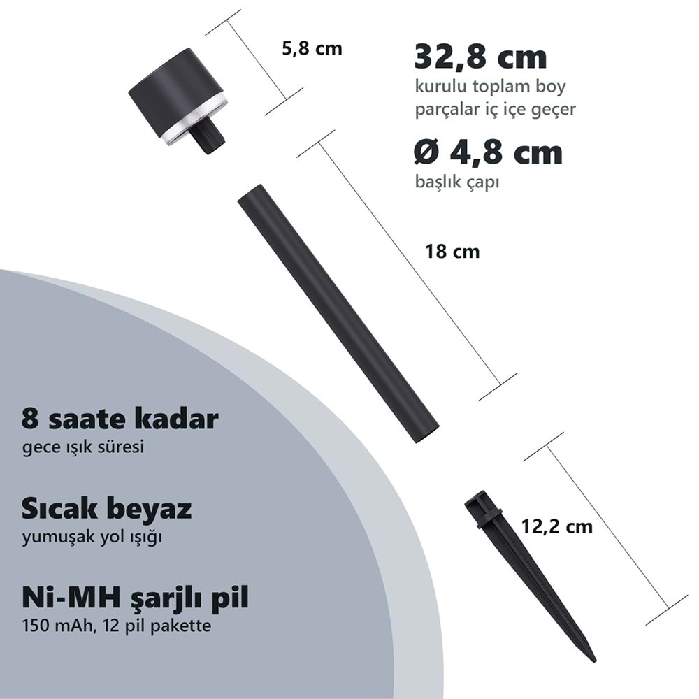 Greentech Güneş Enerjili Kazıklı Bahçe Yolu Lambası, 12 Adet, Sıcak Beyaz LED, Siyah / GT-SL47