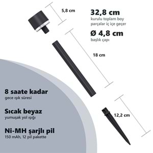 Greentech Güneş Enerjili Kazıklı Bahçe Yolu Lambası, 12 Adet, Sıcak Beyaz LED, Siyah / GT-SL47
