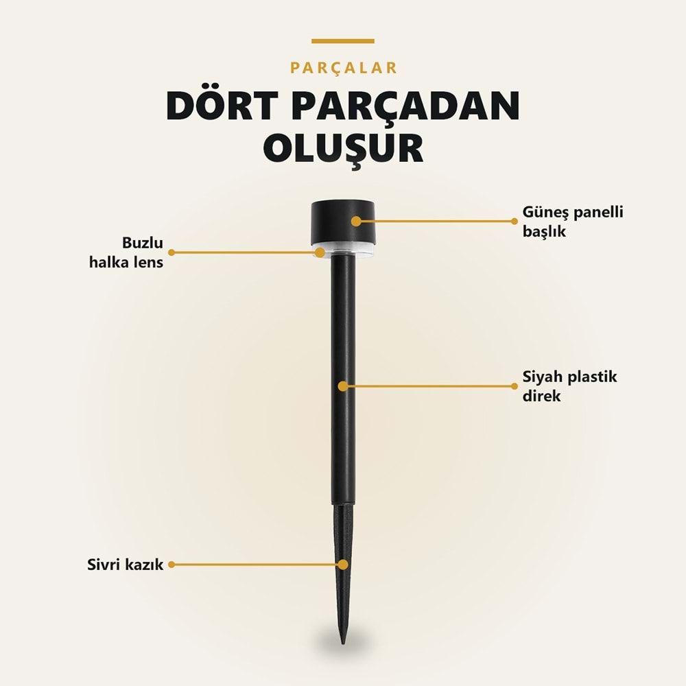 Greentech Güneş Enerjili Kazıklı Bahçe Yolu Lambası, 12 Adet, Sıcak Beyaz LED, Siyah / GT-SL47
