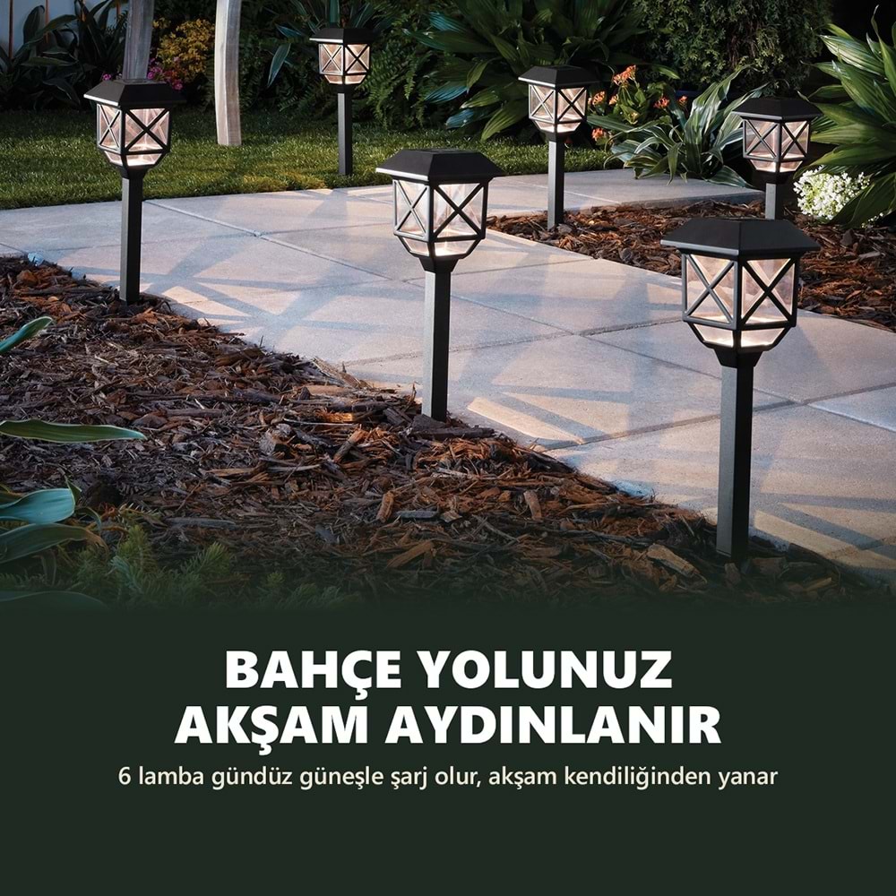 Greentech Güneş Enerjili Kazıklı Bahçe Feneri, 6 Adet, Siyah, Sıcak Beyaz LED, Fotoselli Yol Lambası / GT-SL48