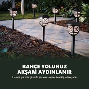 Greentech Güneş Enerjili Kazıklı Bahçe Feneri, 6 Adet, Siyah, Sıcak Beyaz LED, Fotoselli Yol Lambası / GT-SL48