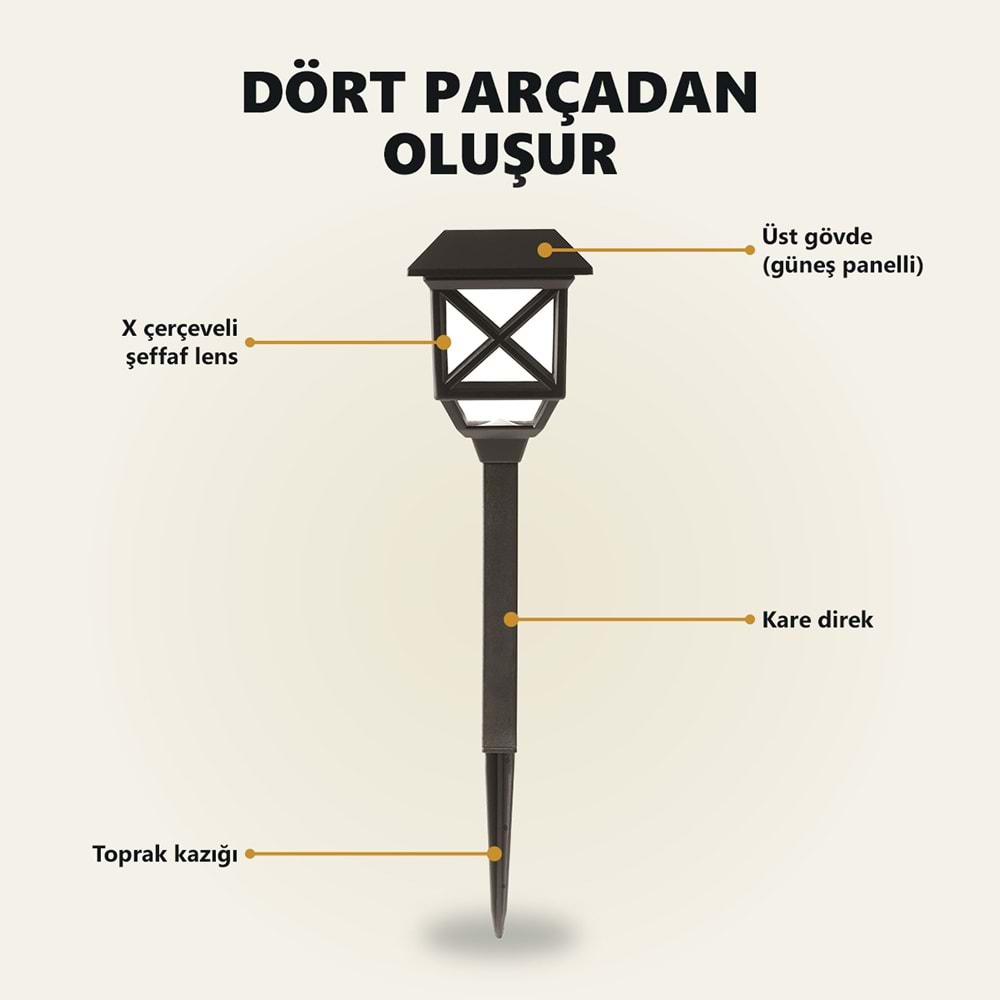 Greentech Güneş Enerjili Kazıklı Bahçe Feneri, 6 Adet, Siyah, Sıcak Beyaz LED, Fotoselli Yol Lambası / GT-SL48