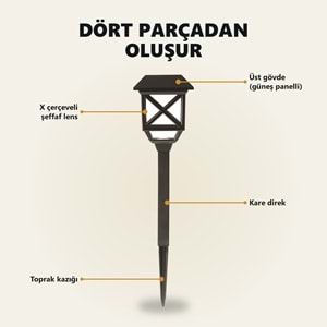 Greentech Güneş Enerjili Kazıklı Bahçe Feneri, 6 Adet, Siyah, Sıcak Beyaz LED, Fotoselli Yol Lambası / GT-SL48