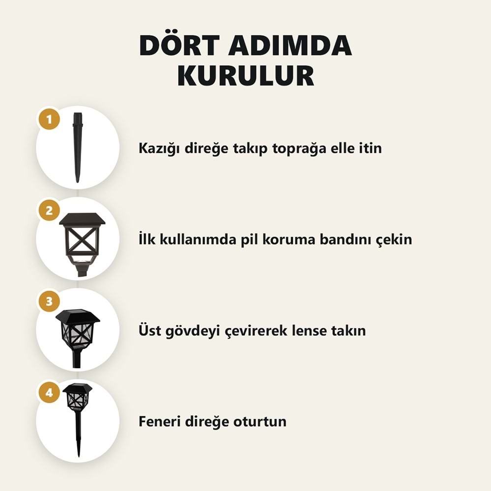 Greentech Güneş Enerjili Kazıklı Bahçe Feneri, 6 Adet, Siyah, Sıcak Beyaz LED, Fotoselli Yol Lambası / GT-SL48