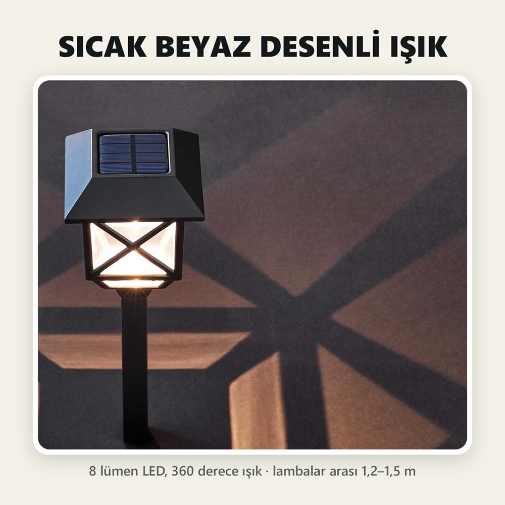 Greentech Güneş Enerjili Kazıklı Bahçe Feneri, 6 Adet, Siyah, Sıcak Beyaz LED, Fotoselli Yol Lambası / GT-SL48