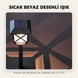 Greentech Güneş Enerjili Kazıklı Bahçe Feneri, 6 Adet, Siyah, Sıcak Beyaz LED, Fotoselli Yol Lambası / GT-SL48