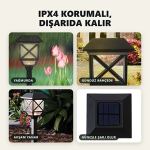 Greentech Güneş Enerjili Kazıklı Bahçe Feneri, 6 Adet, Siyah, Sıcak Beyaz LED, Fotoselli Yol Lambası / GT-SL48