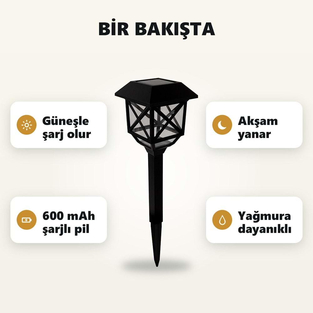 Greentech Güneş Enerjili Kazıklı Bahçe Feneri, 6 Adet, Siyah, Sıcak Beyaz LED, Fotoselli Yol Lambası / GT-SL48