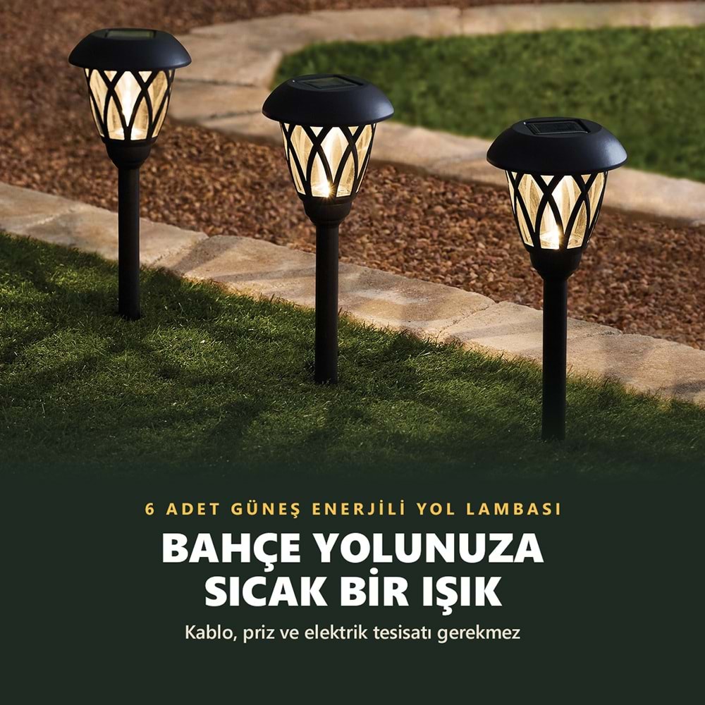 Greentech Güneş Enerjili Kazıklı Bahçe Yolu Lambası, 6 Adet, Cam Kapaklı, Sıcak Beyaz LED, Siyah / GT-SL49