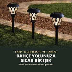 Greentech Güneş Enerjili Kazıklı Bahçe Yolu Lambası, 6 Adet, Cam Kapaklı, Sıcak Beyaz LED, Siyah / GT-SL49