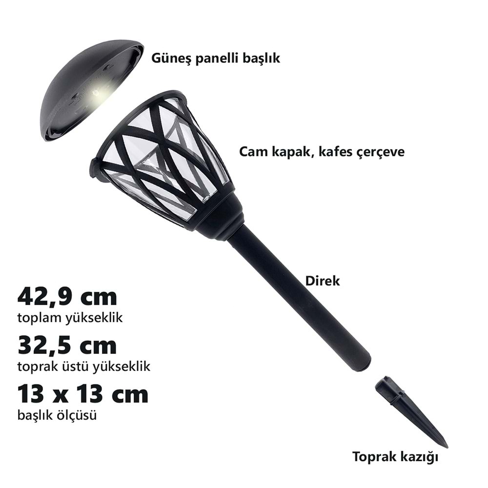 Greentech Güneş Enerjili Kazıklı Bahçe Yolu Lambası, 6 Adet, Cam Kapaklı, Sıcak Beyaz LED, Siyah / GT-SL49