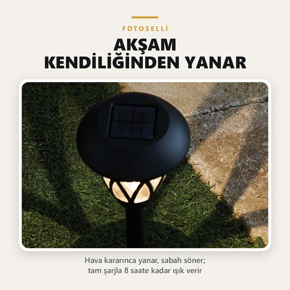 Greentech Güneş Enerjili Kazıklı Bahçe Yolu Lambası, 6 Adet, Cam Kapaklı, Sıcak Beyaz LED, Siyah / GT-SL49