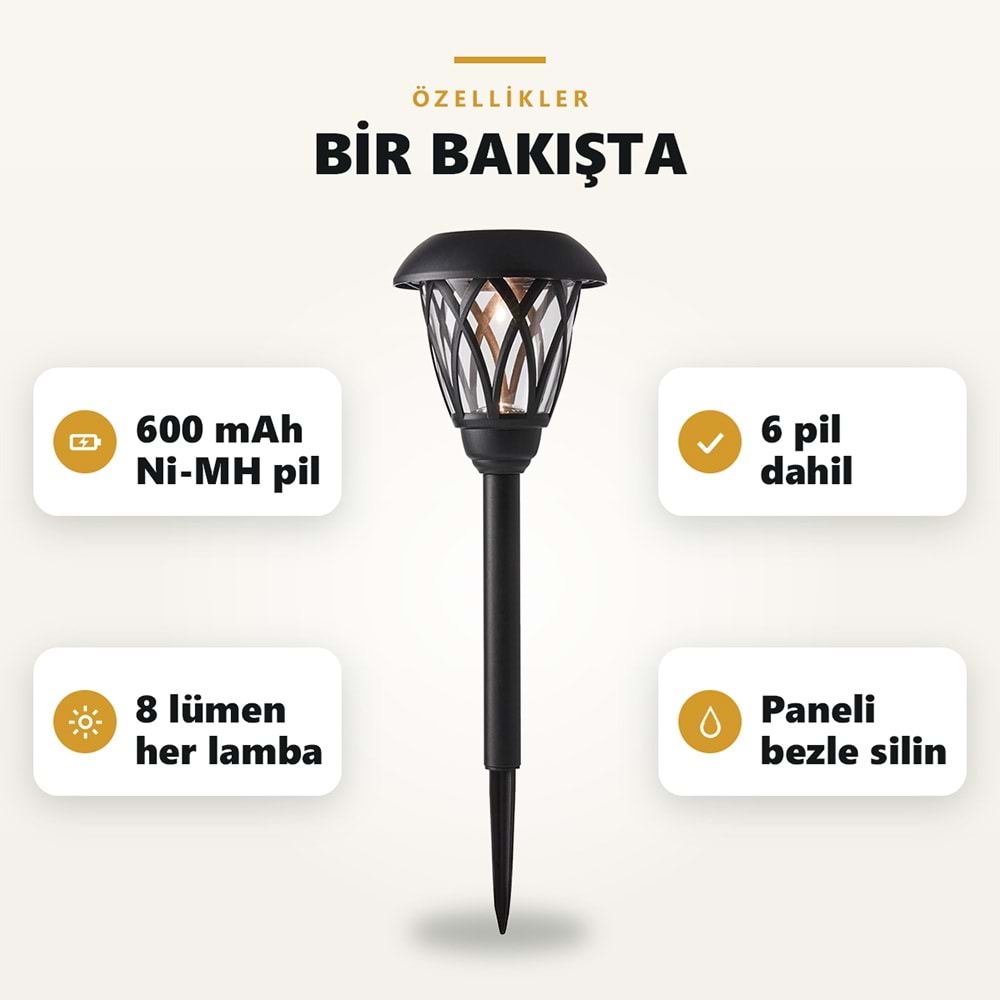 Greentech Güneş Enerjili Kazıklı Bahçe Yolu Lambası, 6 Adet, Cam Kapaklı, Sıcak Beyaz LED, Siyah / GT-SL49