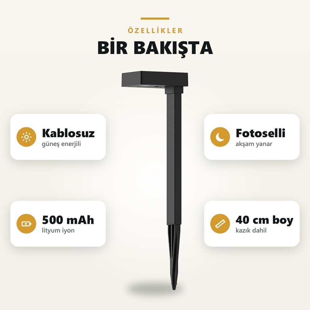 Greentech Güneş Enerjili Kazıklı Bahçe Yolu Lambası, Aşağı Işıklı, Siyah, 4 Adet / GT-SL50